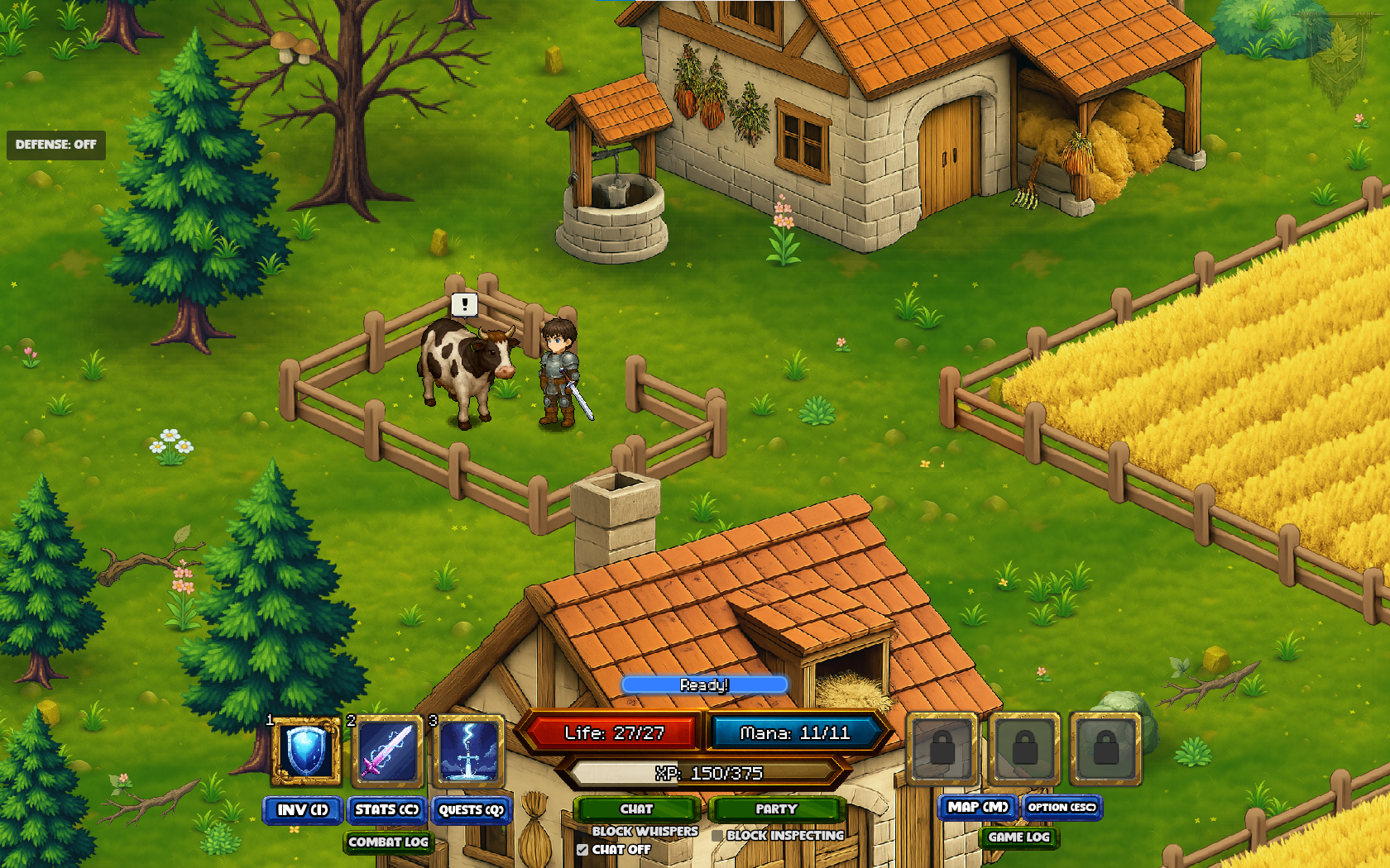 A farm with a cow, wheat field, and stone buildings