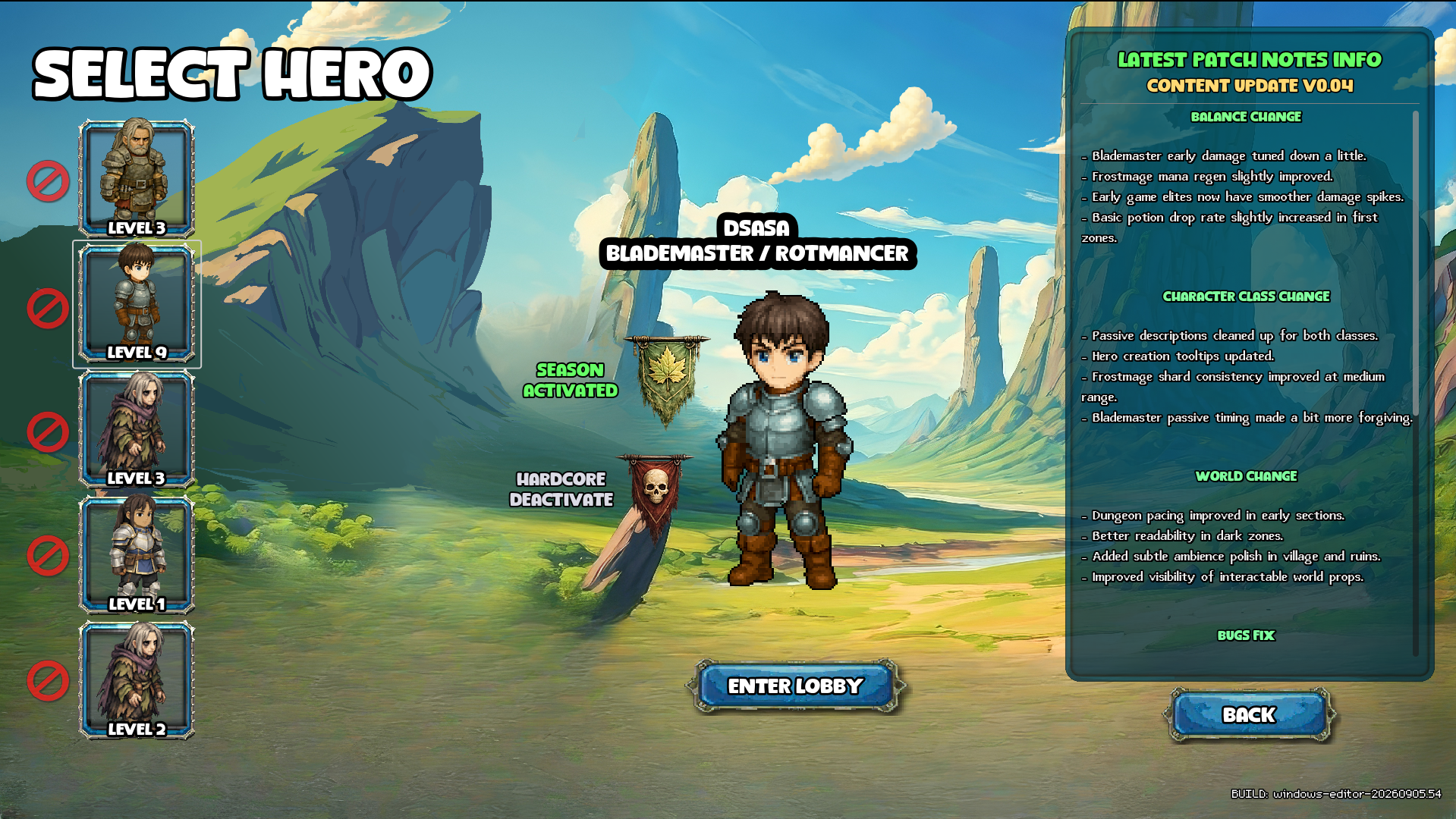 SanctuaryFall hero selection with a hero roster, dual-class character, season and Hardcore banners, and patch notes.