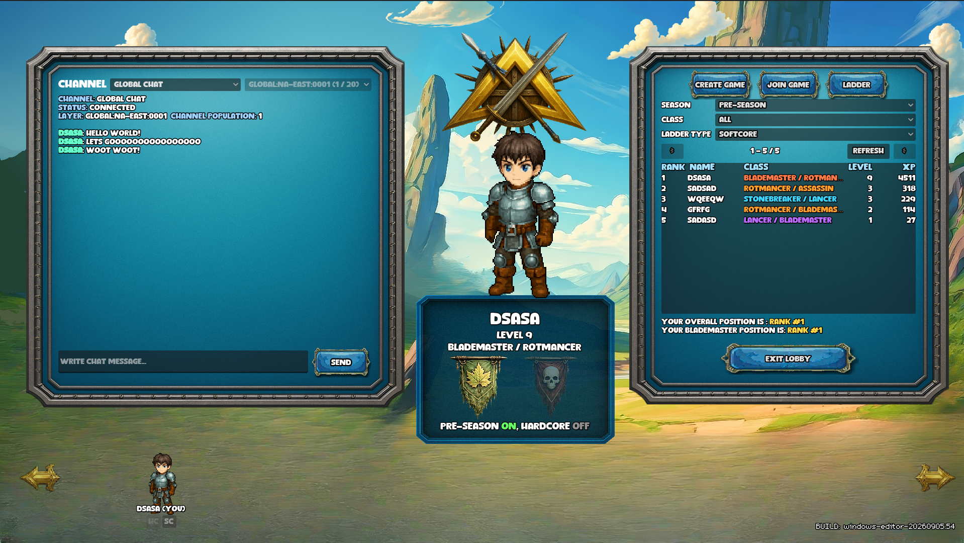 SanctuaryFall ladder with season, class, and ladder type filters, ranked heroes, their levels and experience, and the player’s position.