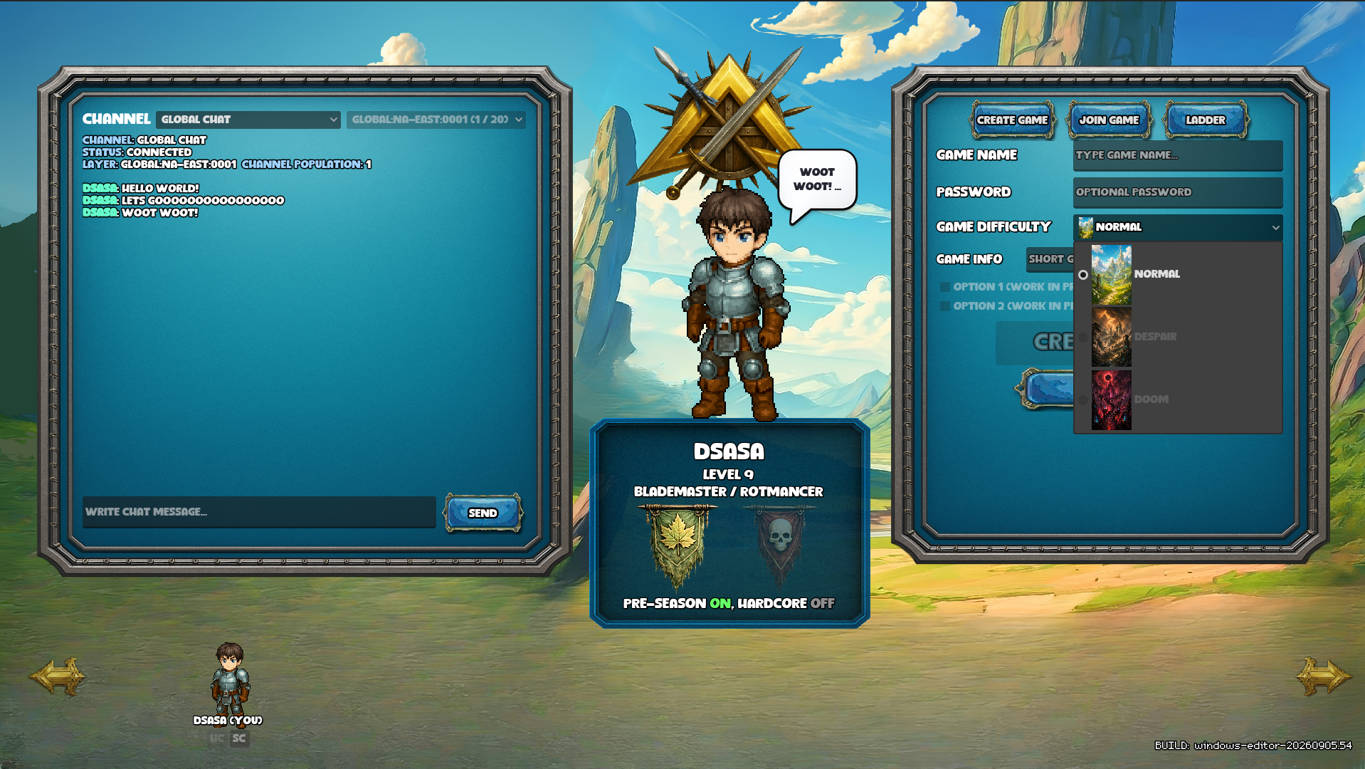 SanctuaryFall online lobby with global chat, the selected hero, and game creation showing Normal, Despair, and Doom.